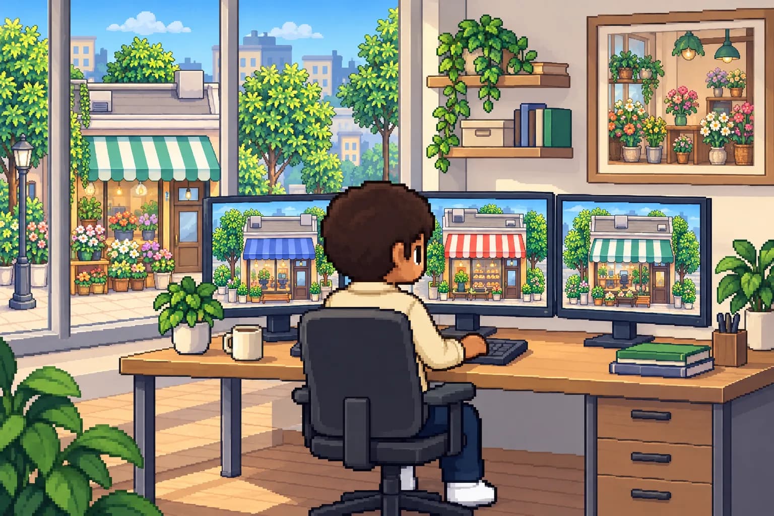 Illustration pixel : une personne d'agence gère les fiches Google de plusieurs commerces sur trois écrans