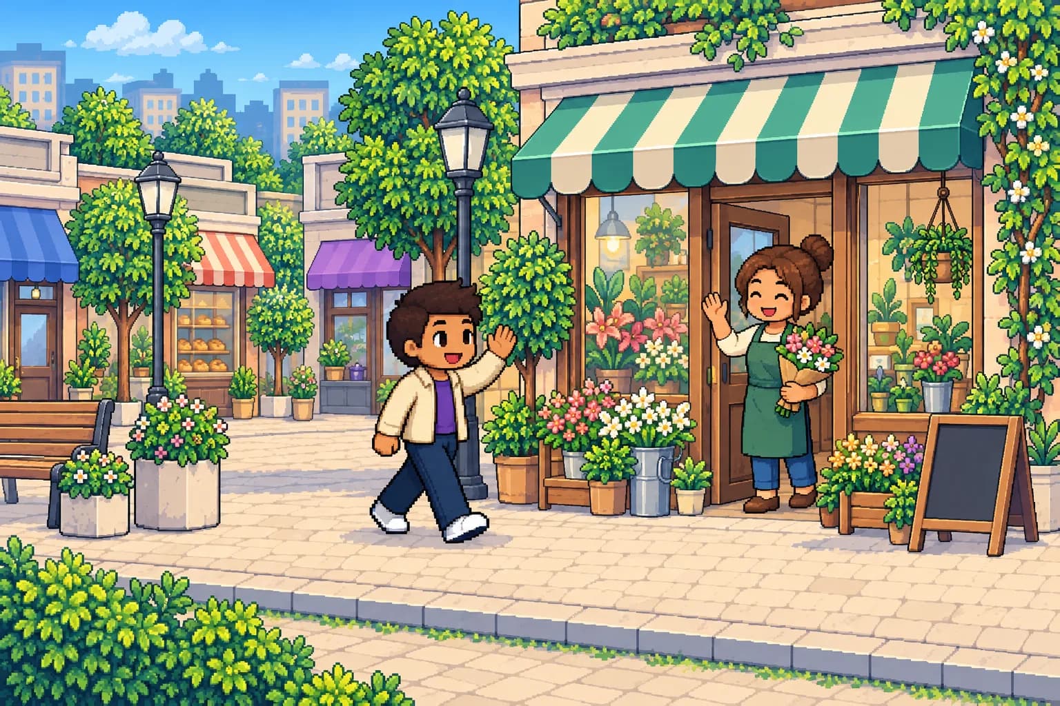 Illustration pixel : une personne d'agence salue une fleuriste devant sa boutique, dans une rue de commerces