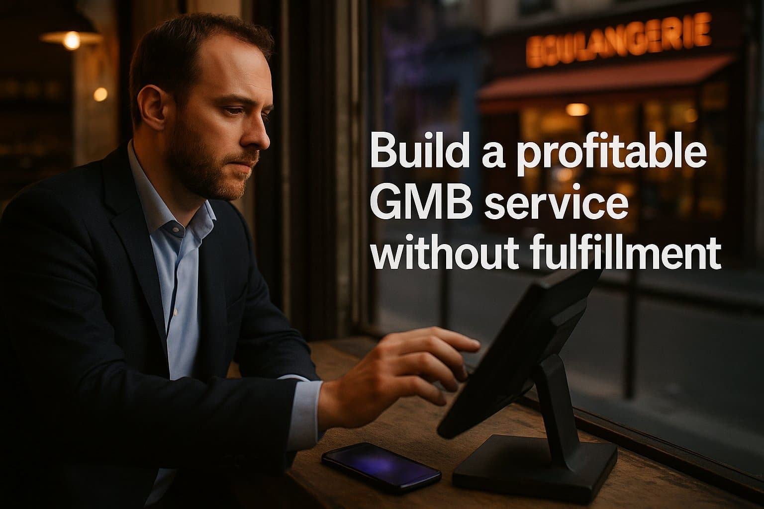 Agency operator reviewing delegated GMB tasks, local rankings, reviews, and margins on a dashboard