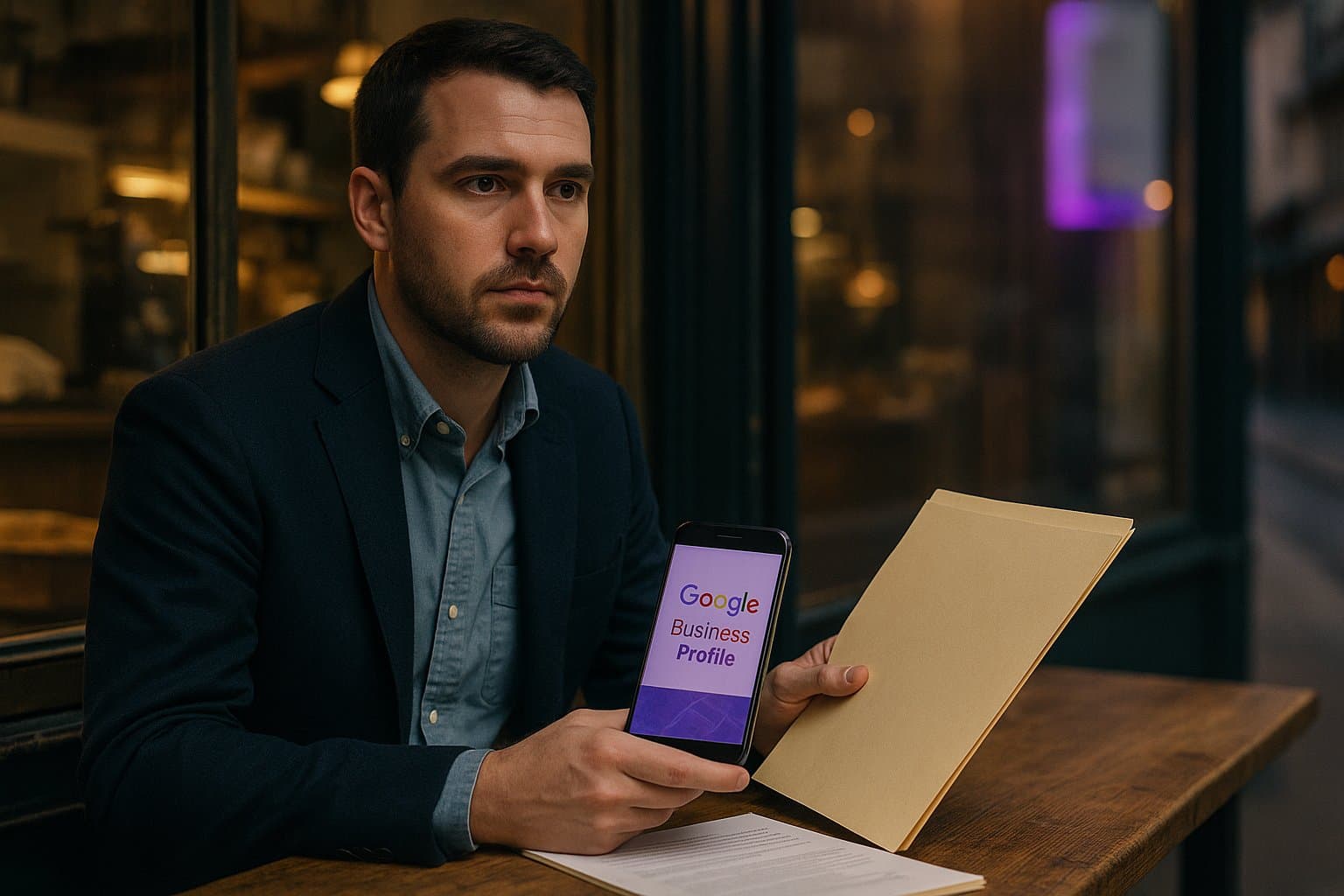 Consultant d'agence présentant un audit de fiche d'établissement Google à un commerçant local