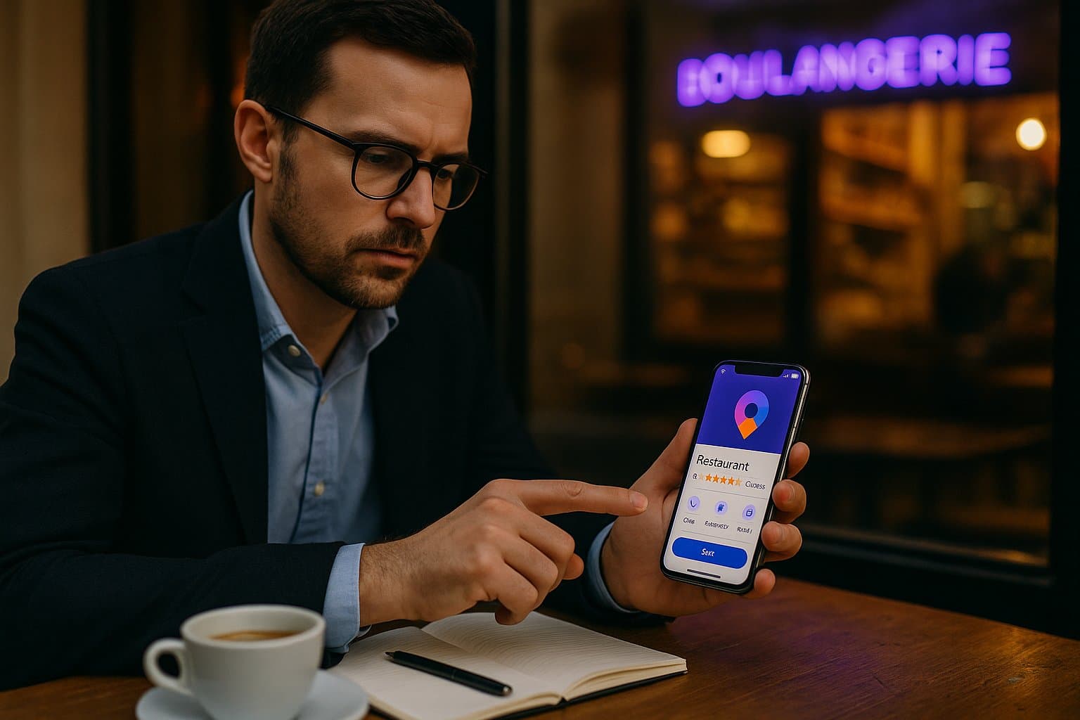 Agency consultant presenting local search results and fiche d'établissement Google performance to a local business owner