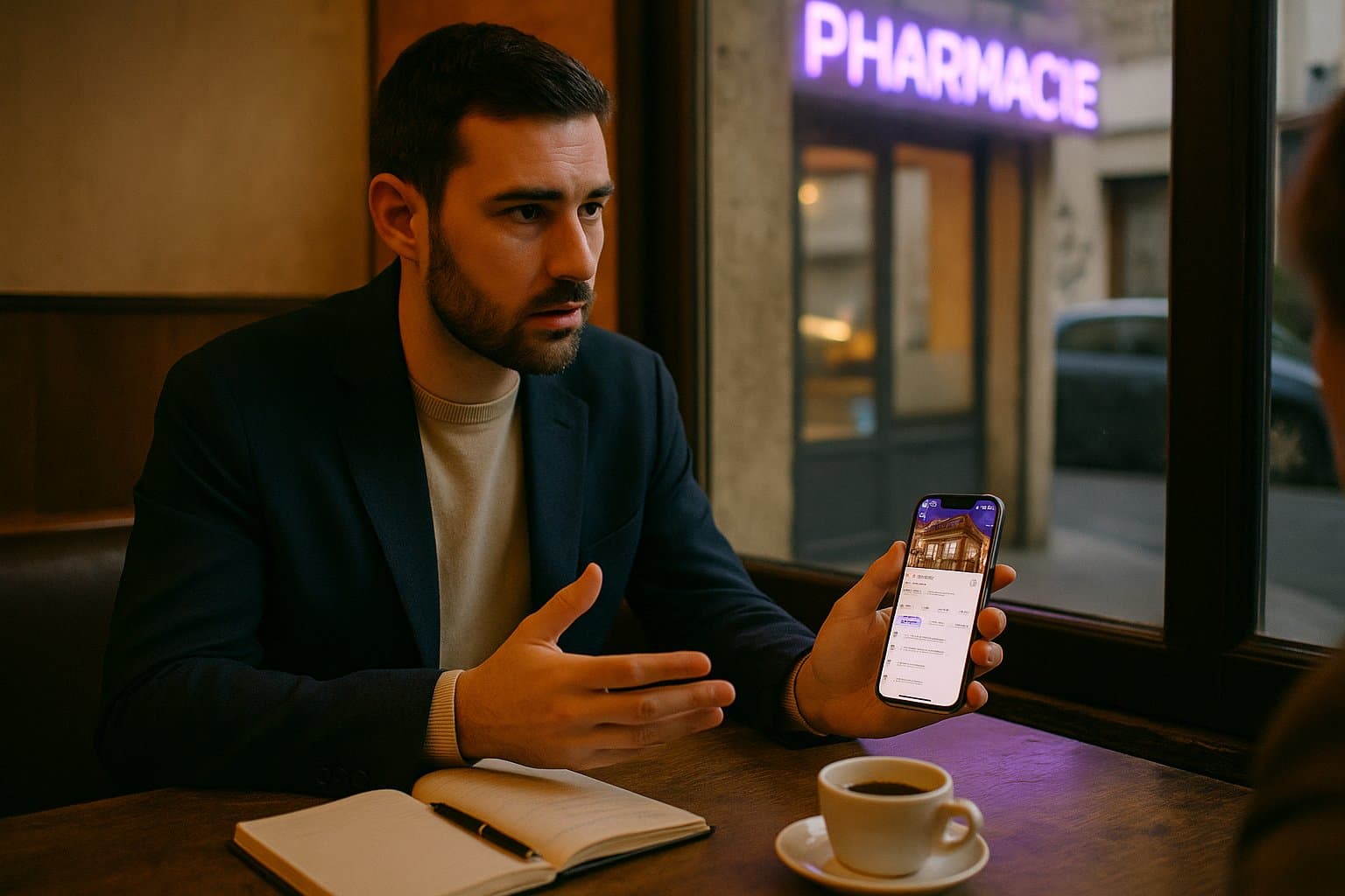 Agency consultant presenting local search performance and customer review insights to a small business owner