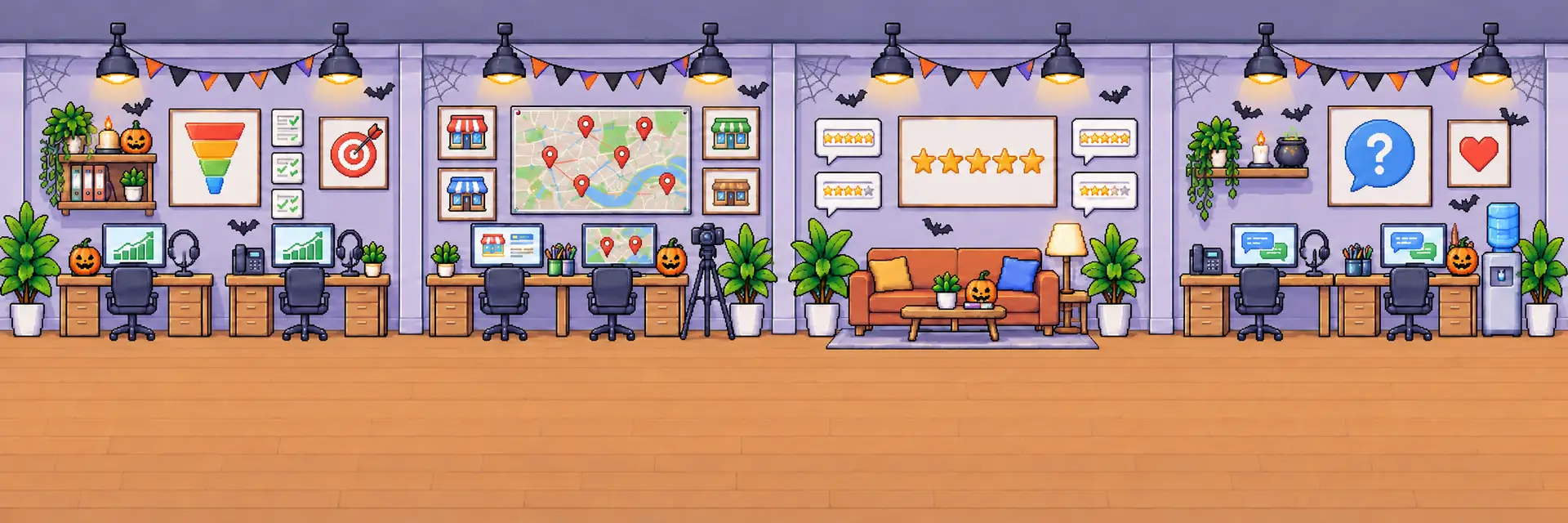 Agency office decorated for Halloween, in pixel art