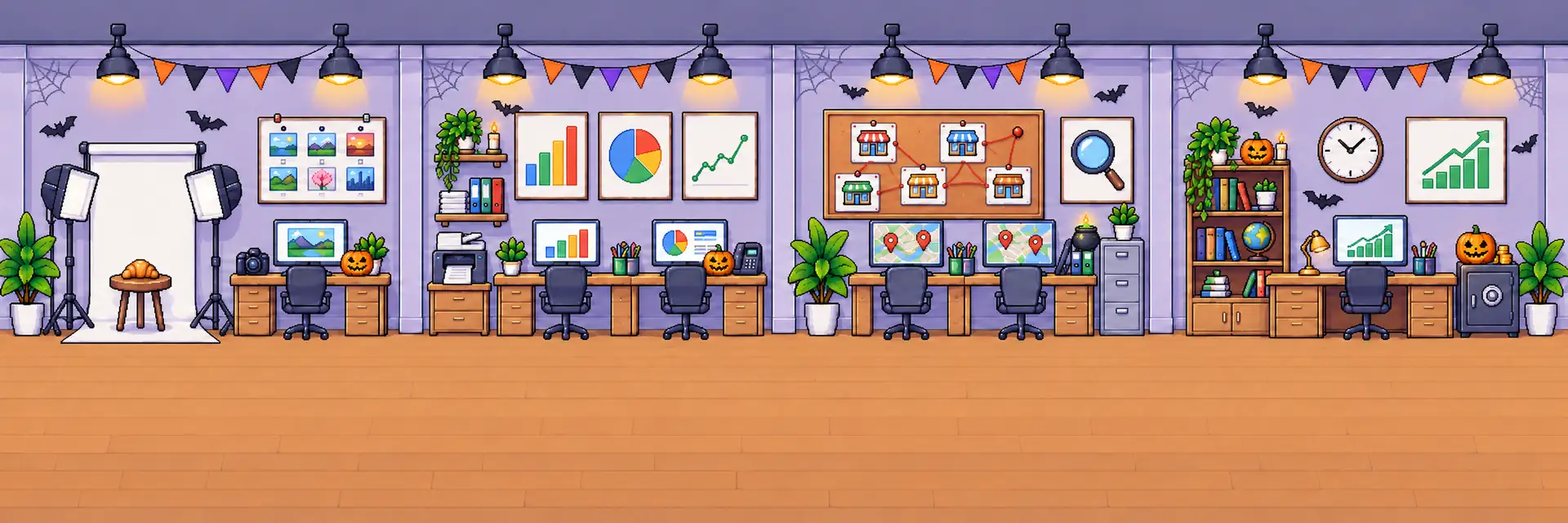 Agency office decorated for Halloween, in pixel art
