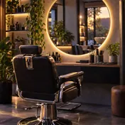 Fauteuil de coiffeur devant un miroir rond