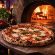 Pizza devant un four à bois