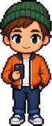 Passant mit grüner Mütze und Handy, in Pixelart