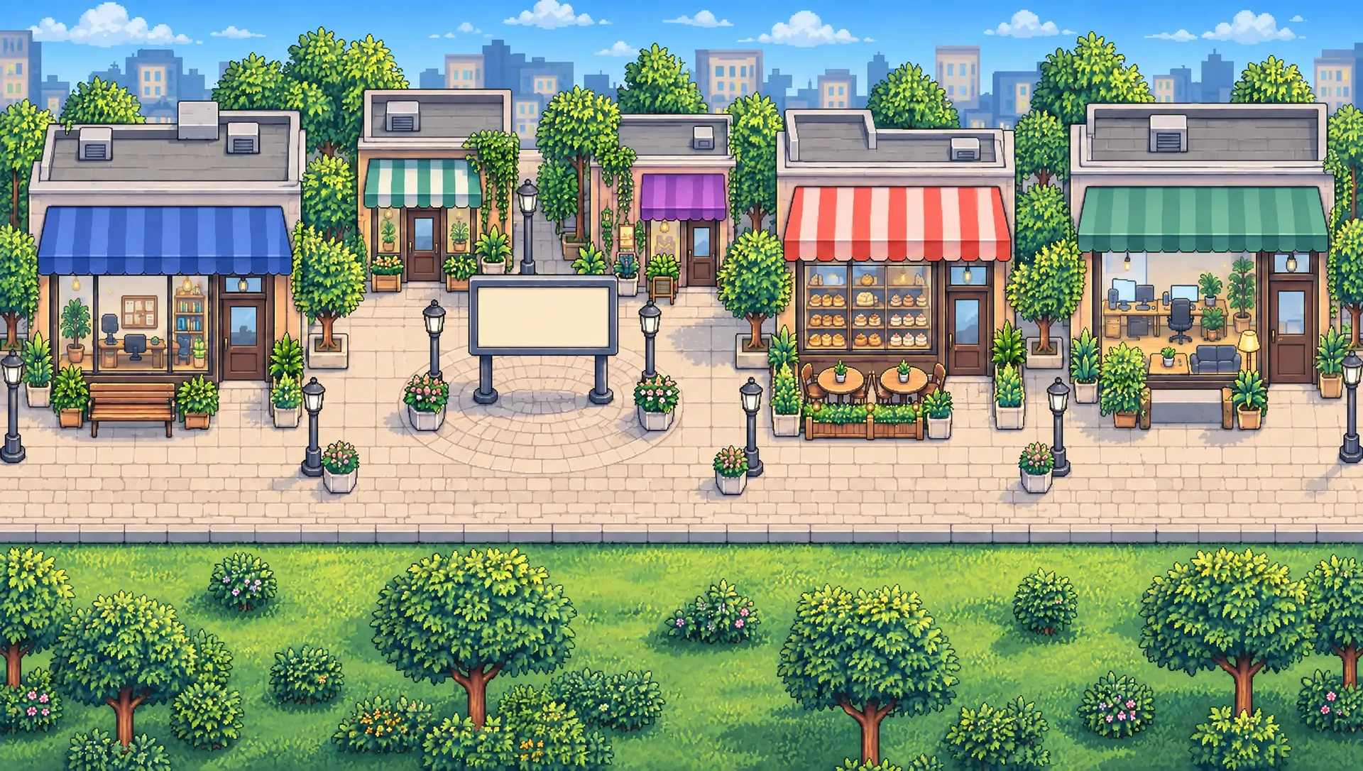 Einkaufsviertel bei Tag in Pixelart