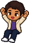 Personnage en pixel art qui se réjouit sur un canapé