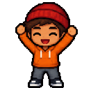 Pixel-Art-Figur mit roter Mütze, Arme hoch