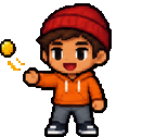 Pixel-Art-Figur mit roter Mütze wirft eine Münze