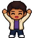 Pixel art character cheering with raised arms